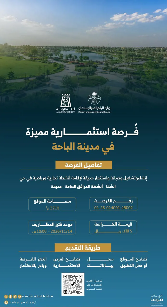 طرح فرصة استثمارية لإنشاء وتشغيل حديقة في حي الشفا