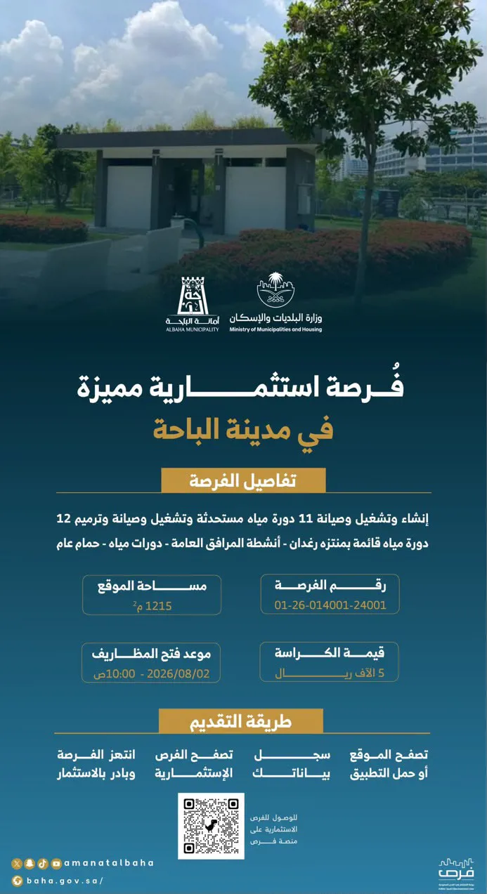 فرصة استثمارية لإنشاء وتشغيل وصيانة دورات المياه بمنتزه رغدان