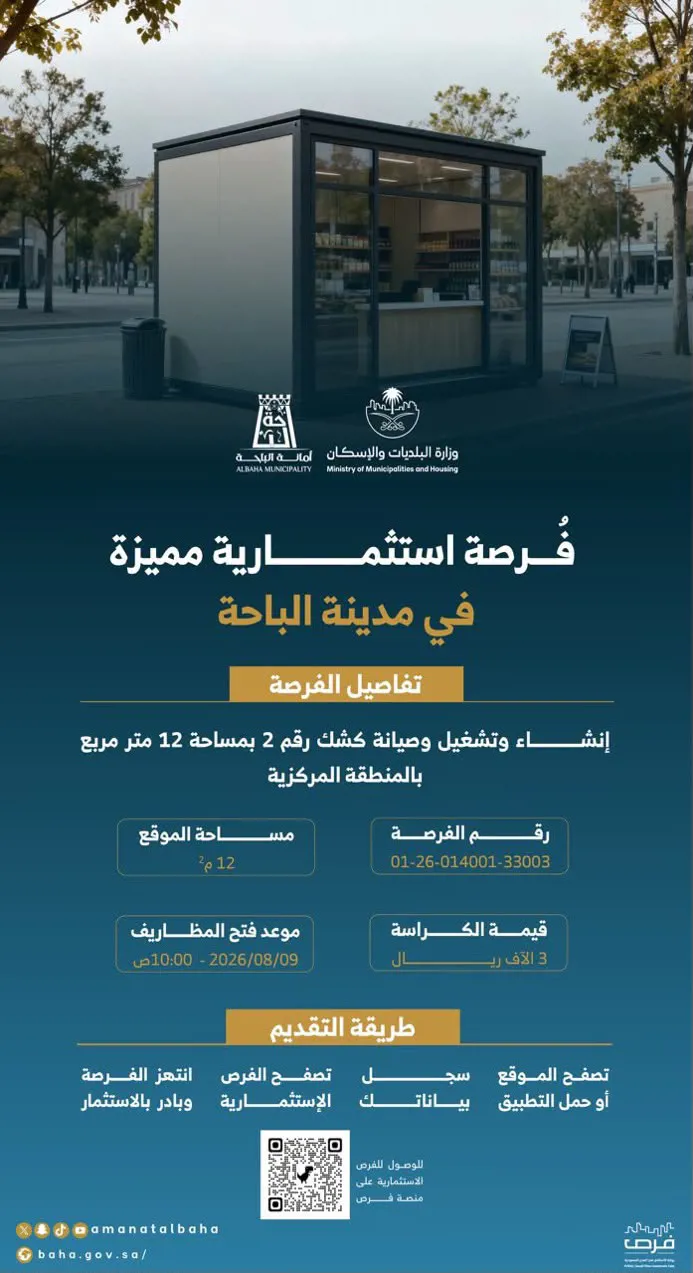 فرصة استثمارية لتشغيل وصيانة كشك في المنطقة المركزية